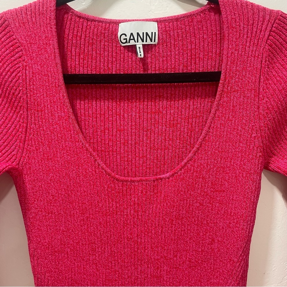 EUC Ganni Marled Ribbed Knit Midi Dress Fuchsia Pink Long Sleeve Stretch Small - Picture 7 of 16